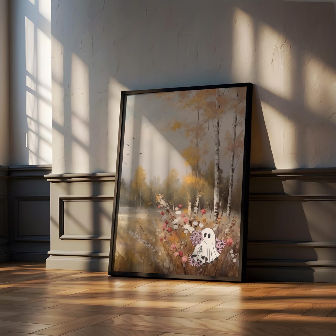 Cute Ghost Among Flowers In An Autumn Birch Grove Fall Poster - Image 2