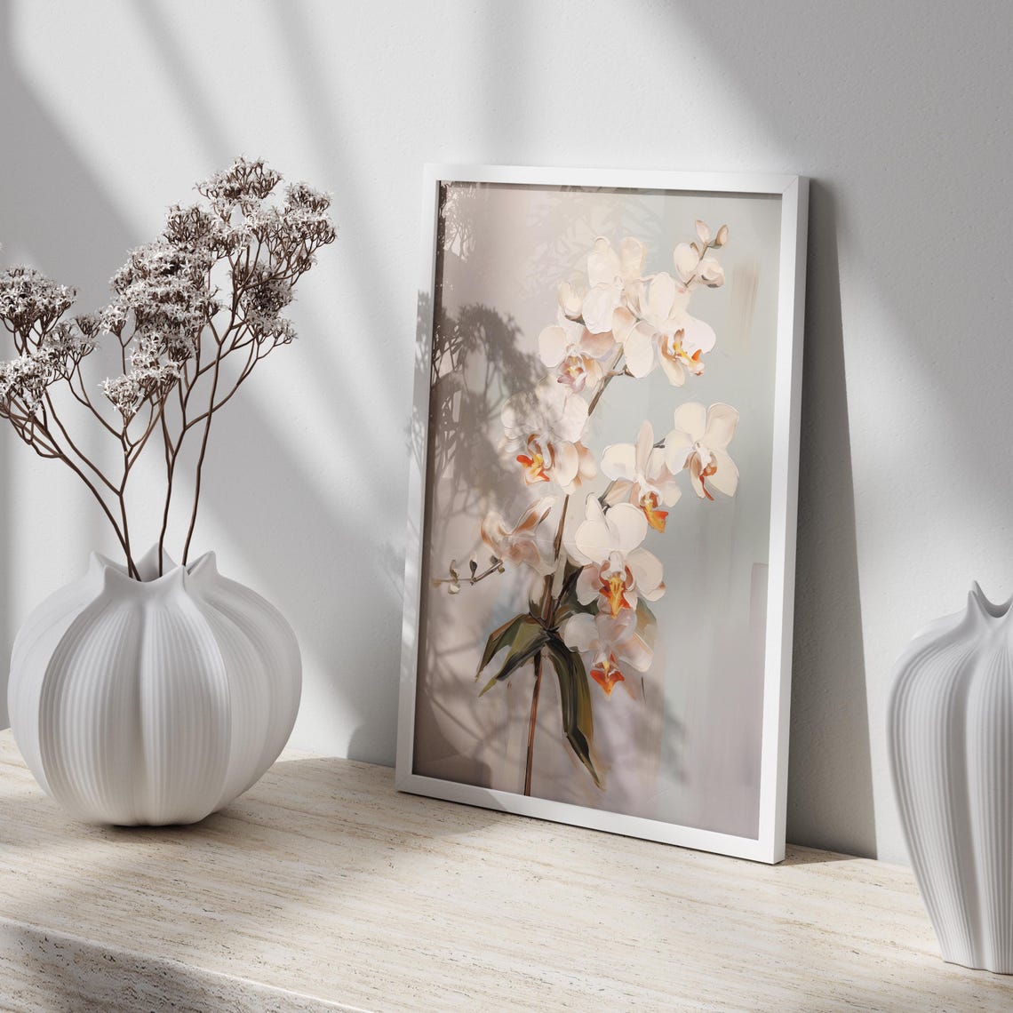 Cream Orchids in Minimalist Pale Green Botanical Still Life Poster - Image 2