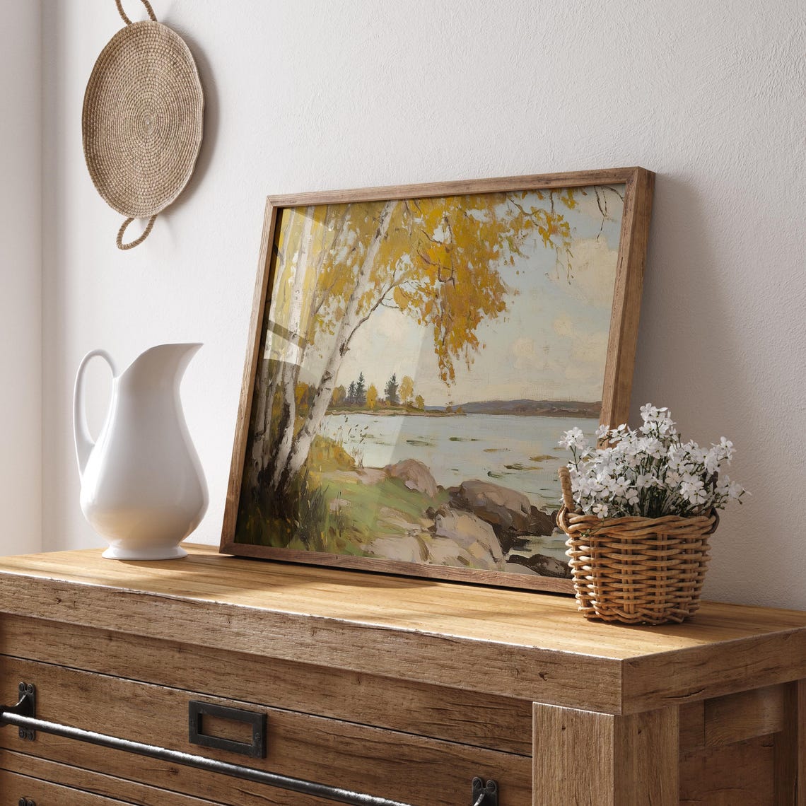 Golden Birch Branches Arching Over a Rocky Lakeshore Painting Poster - Image 2