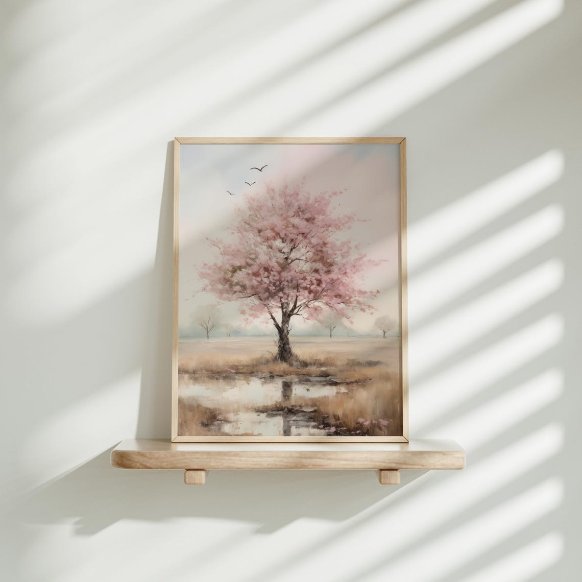Pink Cherry Blossom Tree In A Misty Spring Field Landscape Poster - Image 4