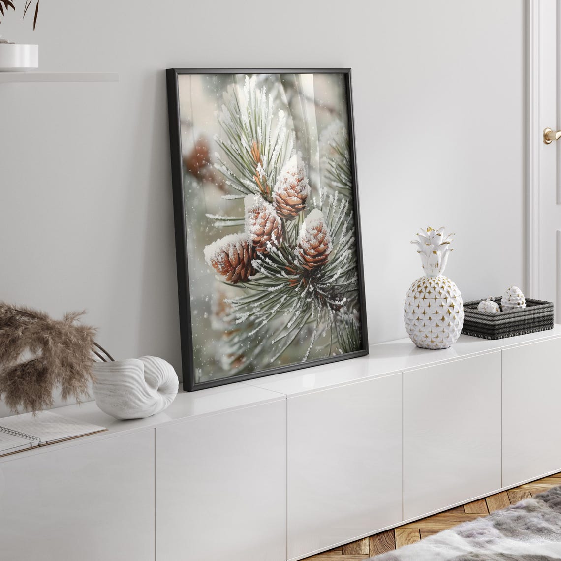 Snow Dusted Pinecones on Frosted Branch Closeup Winter Poster - Image 3