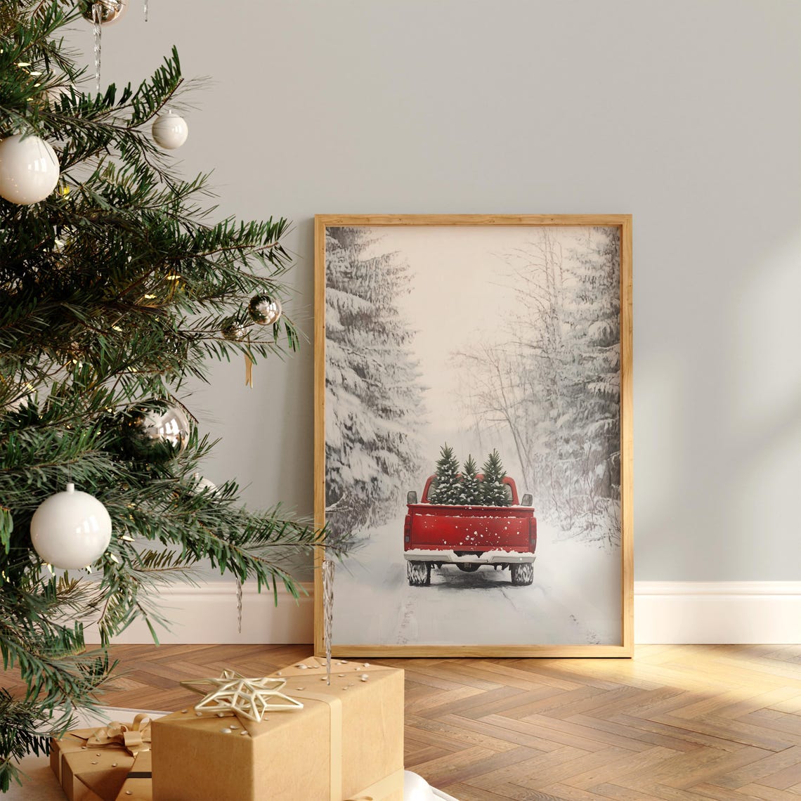 Red Vintage Pickup Truck Carrying Christmas Trees Snowy Road Poster - Image 2