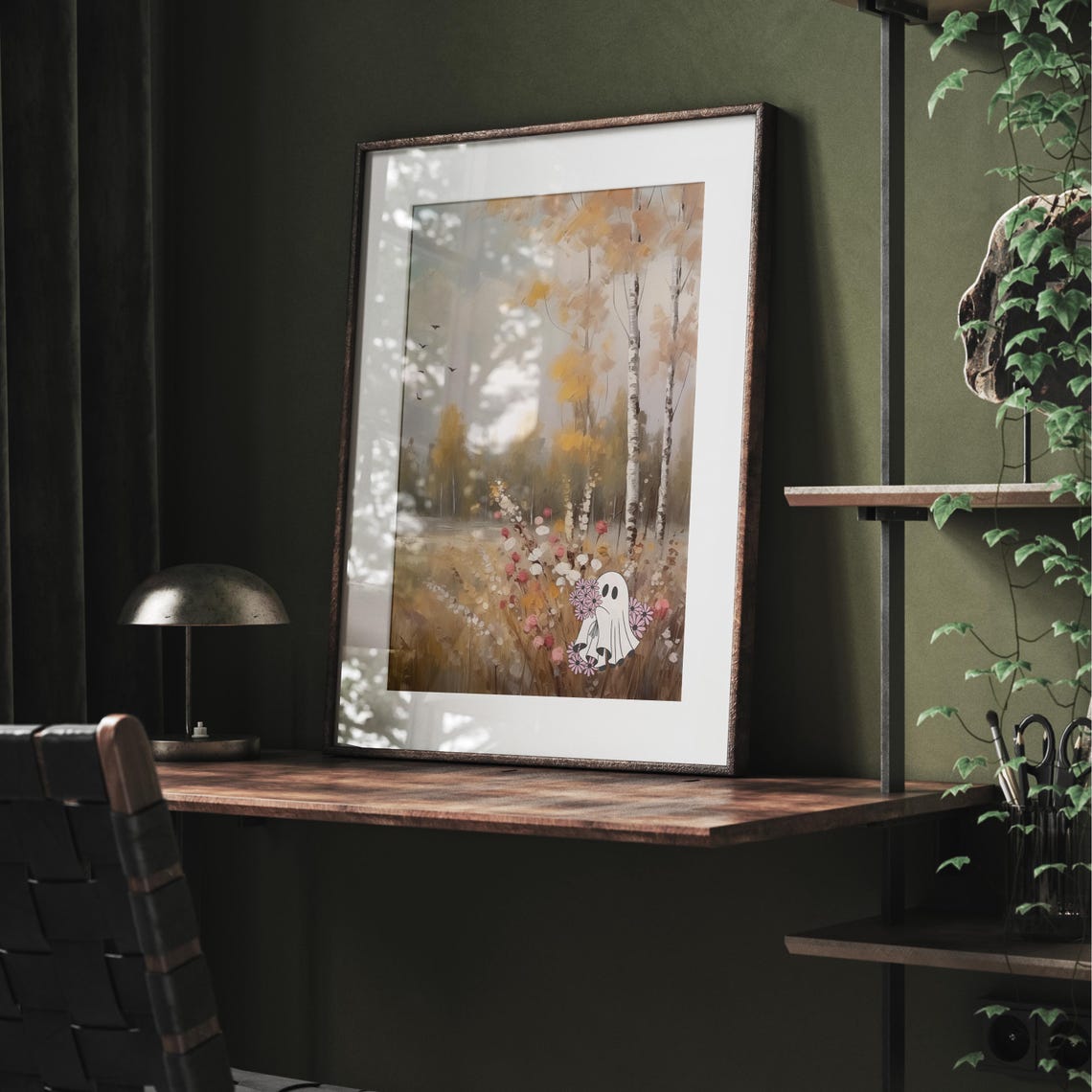 Cute Ghost Among Flowers In An Autumn Birch Grove Fall Poster - Image 4