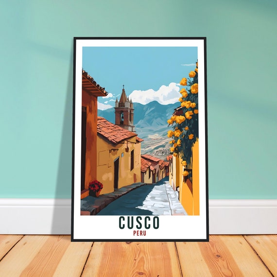 Cusco Peru Historic Old Town Street Flower Balcony Travel Poster