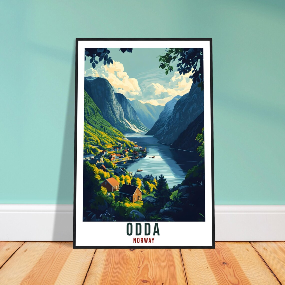 Odda Norway Fjord Village Golden Light Illustrated Travel Poster