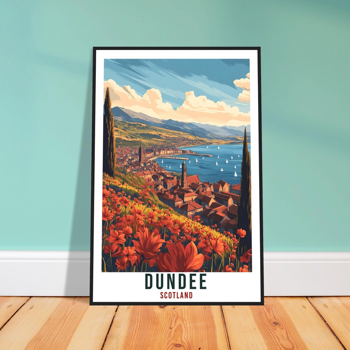 Dundee Scotland Vintage Waterfront Poppies Travel Sunny Poster