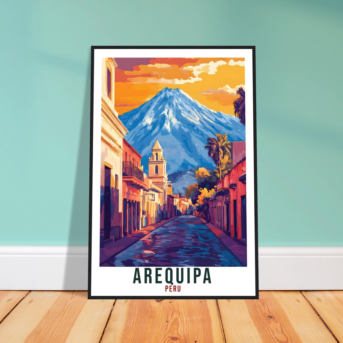 Arequipa Peru Colonial Street Misti Volcano Illustration Poster