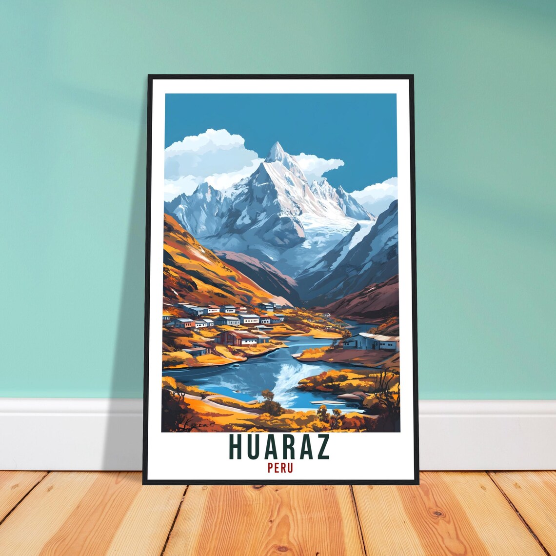 Huaraz Peru Andean Mountain Town Vintage Travel Illustration Poster