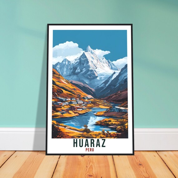 Huaraz Peru Andean Mountain Town Vintage Travel Illustration Poster
