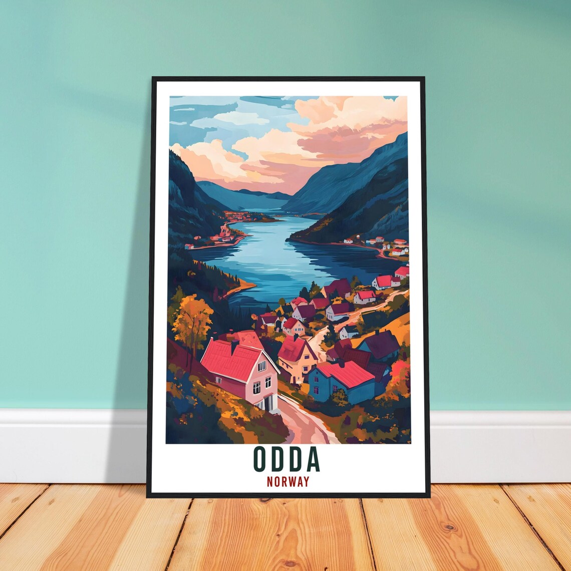 Odda Norway Red Roofed Village Sunset Illustrated Travel Poster