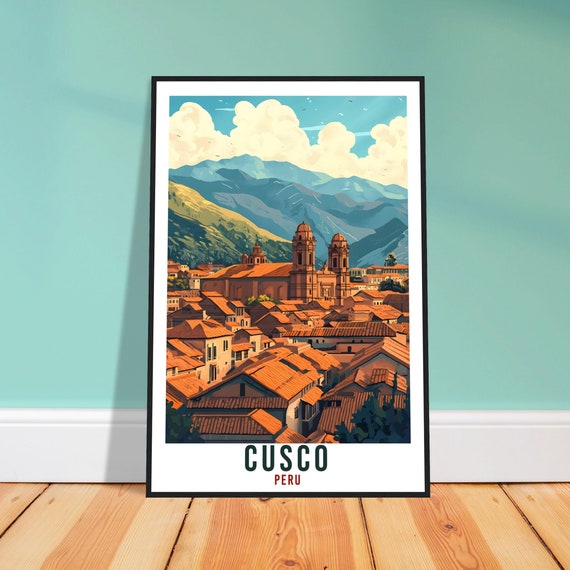 Cusco Peru Cathedral Domes Terracotta Rooftops Vintage Travel Poster