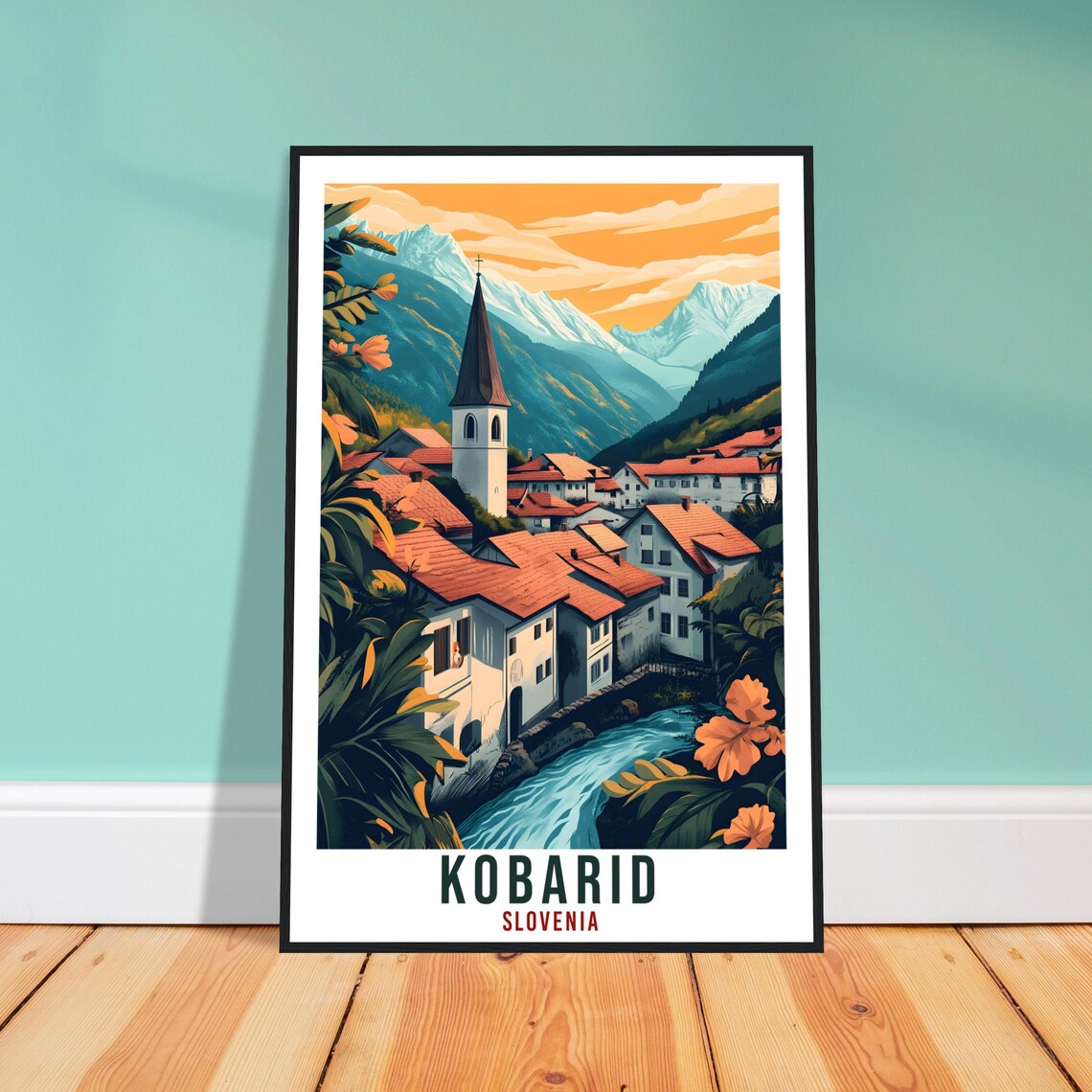 Kobarid Slovenia Village Church Riverside Vintage Travel Poster