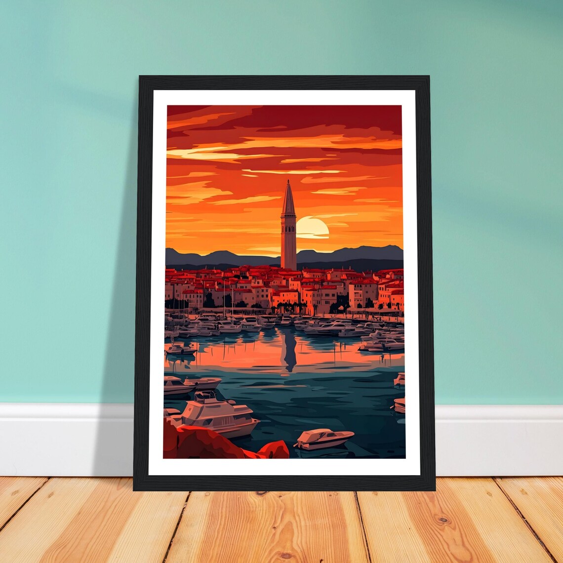 Rovinj Croatia Adriatic Sunset Harbor Bell Tower Boats Poster