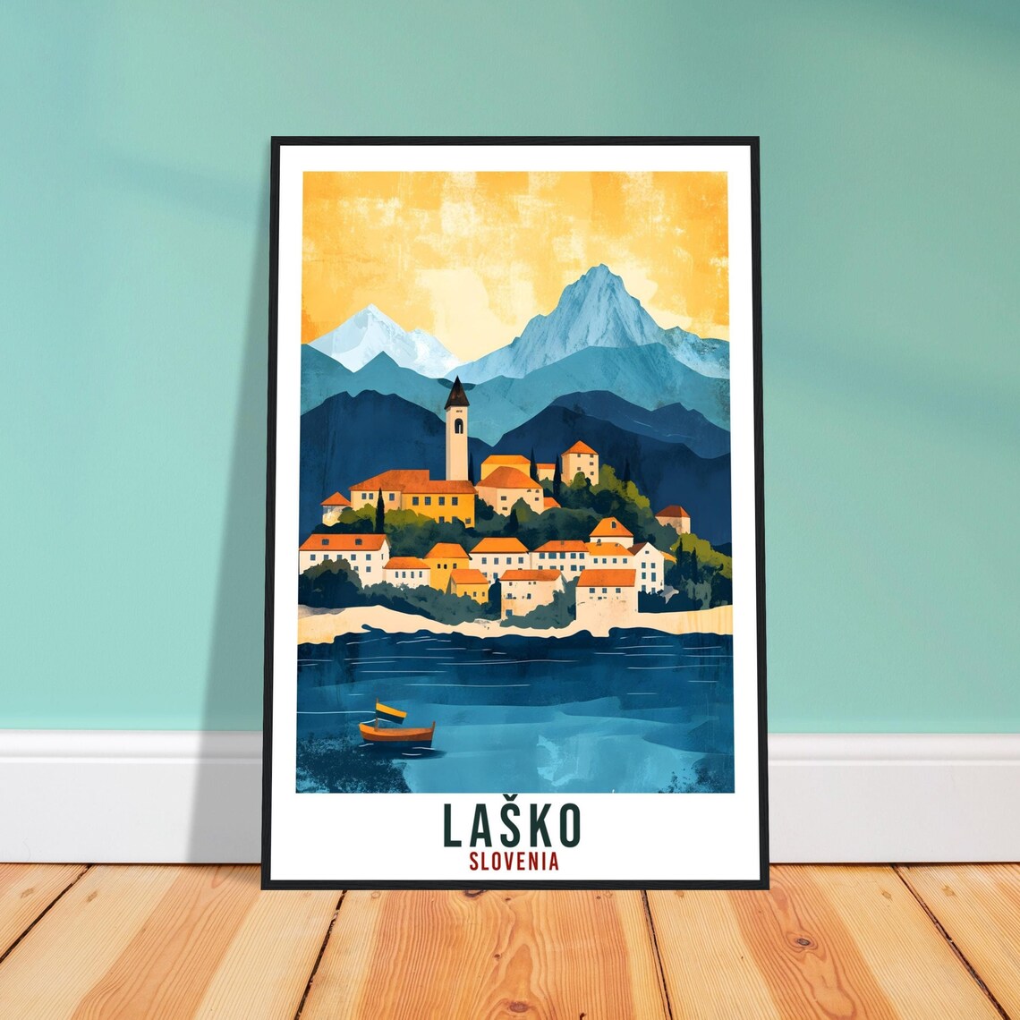 Lasko Slovenia Riverside Town Alps Mountains Boat Scene Poster