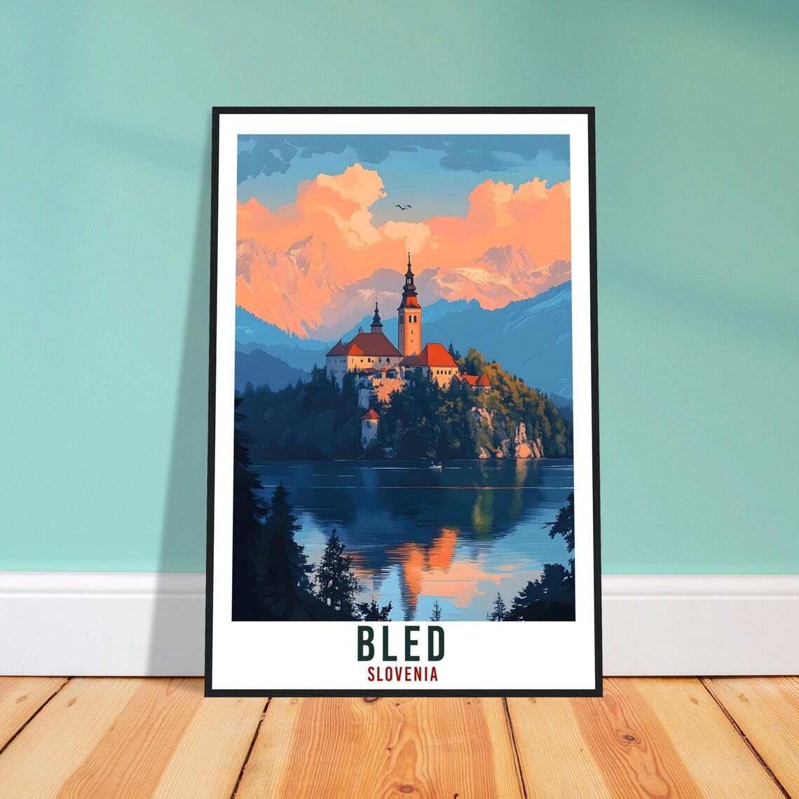 Bled Slovenia Sunset Lake Island Church Vintage Travel Poster