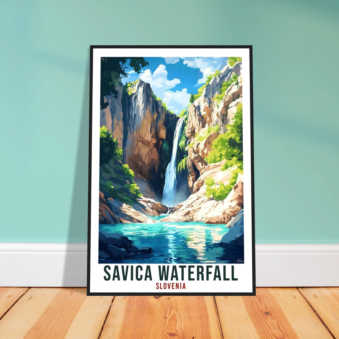 Savica Waterfall Slovenia Vintage Travel Illustration Poster