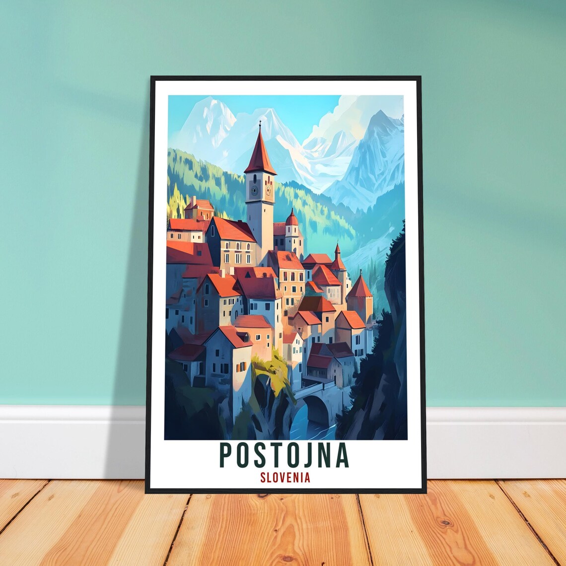 Postojna Slovenia Vintage Travel Poster With Alpine Mountain Town