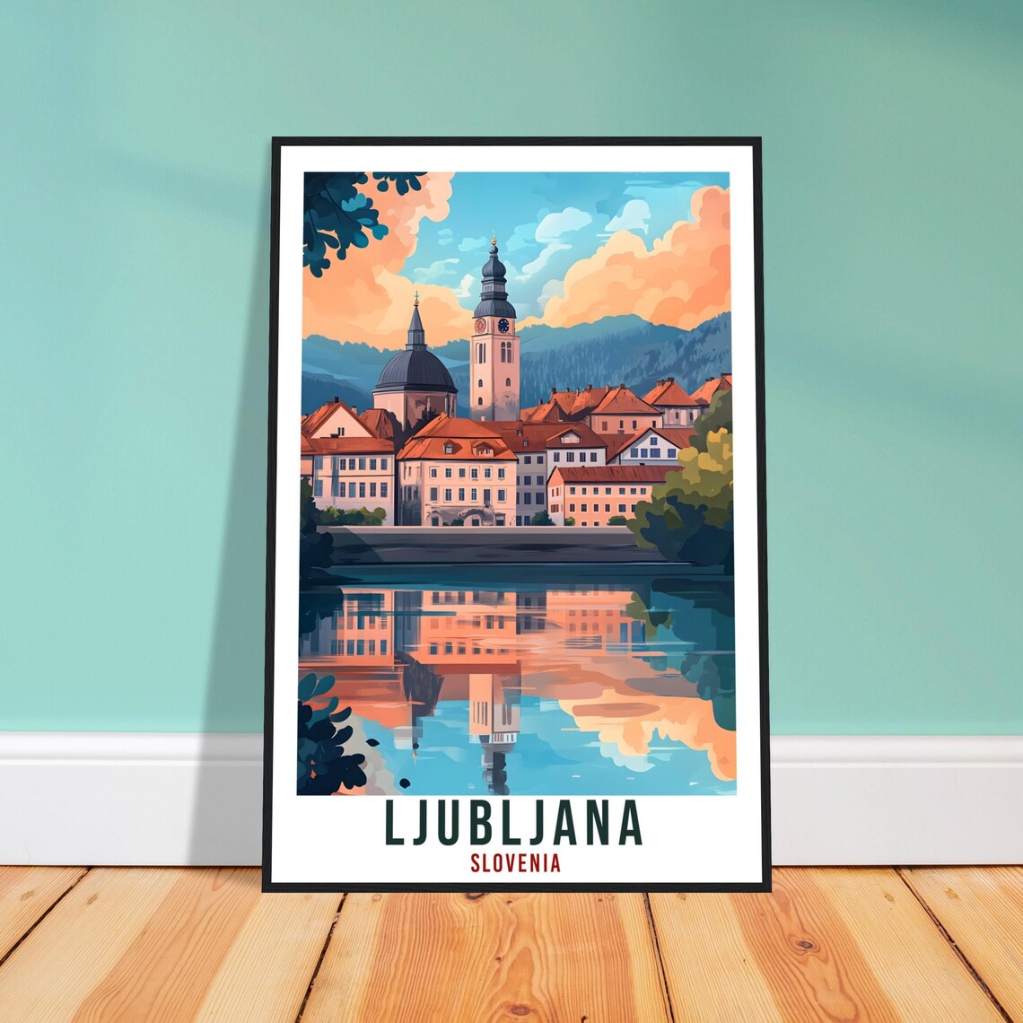 Ljubljana Slovenia Riverside Old Town Church Vintage Travel Poster