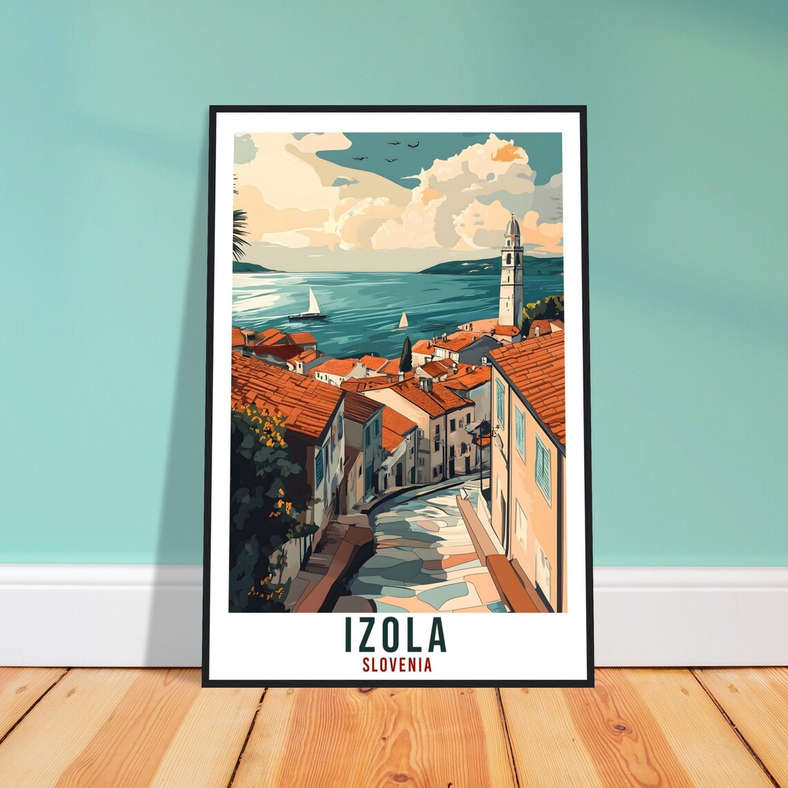 Izola Slovenia Seaside Old Town Sailboats Vintage Travel Poster