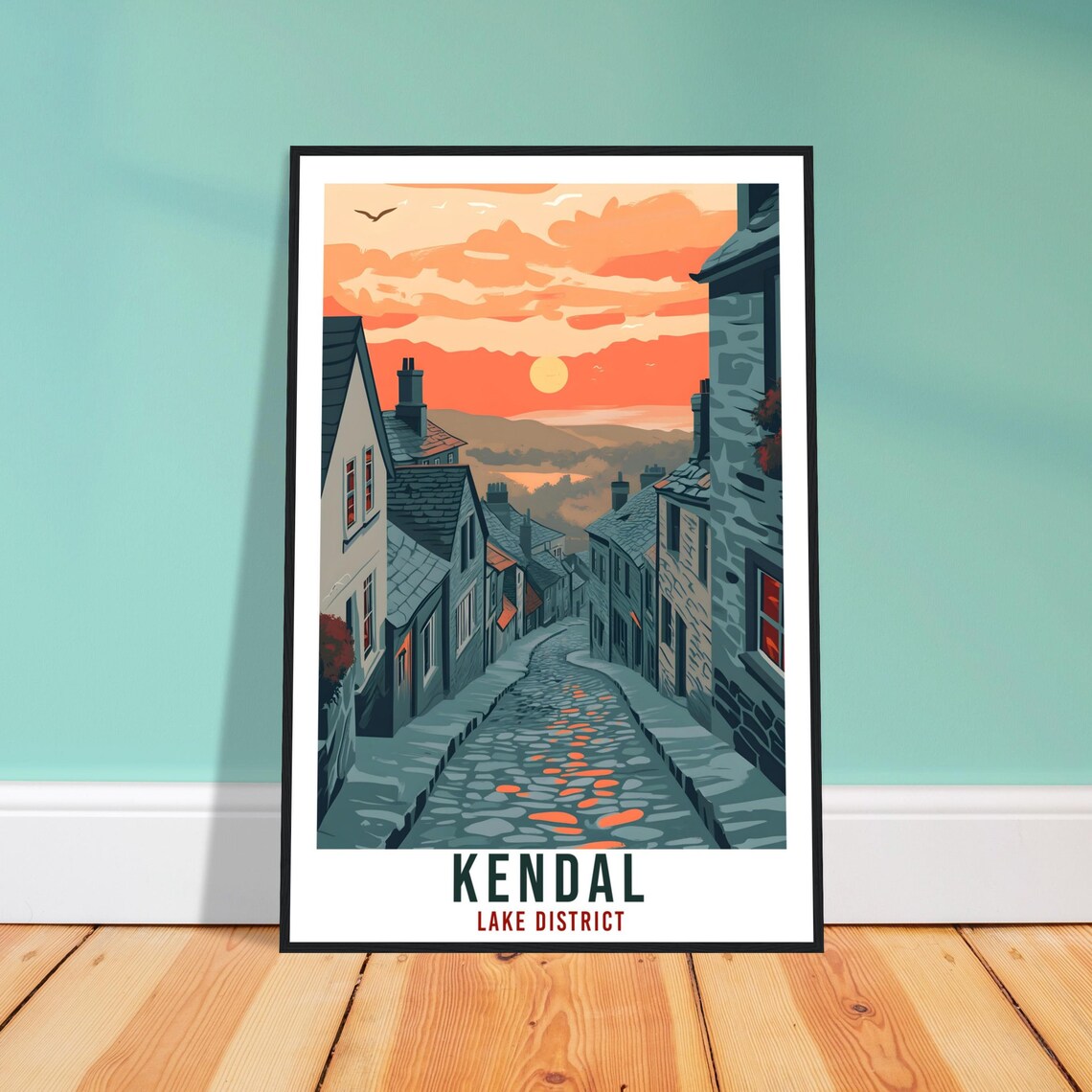 Kendal Lake District Cobbled Street Sunset Vintage Travel Poster