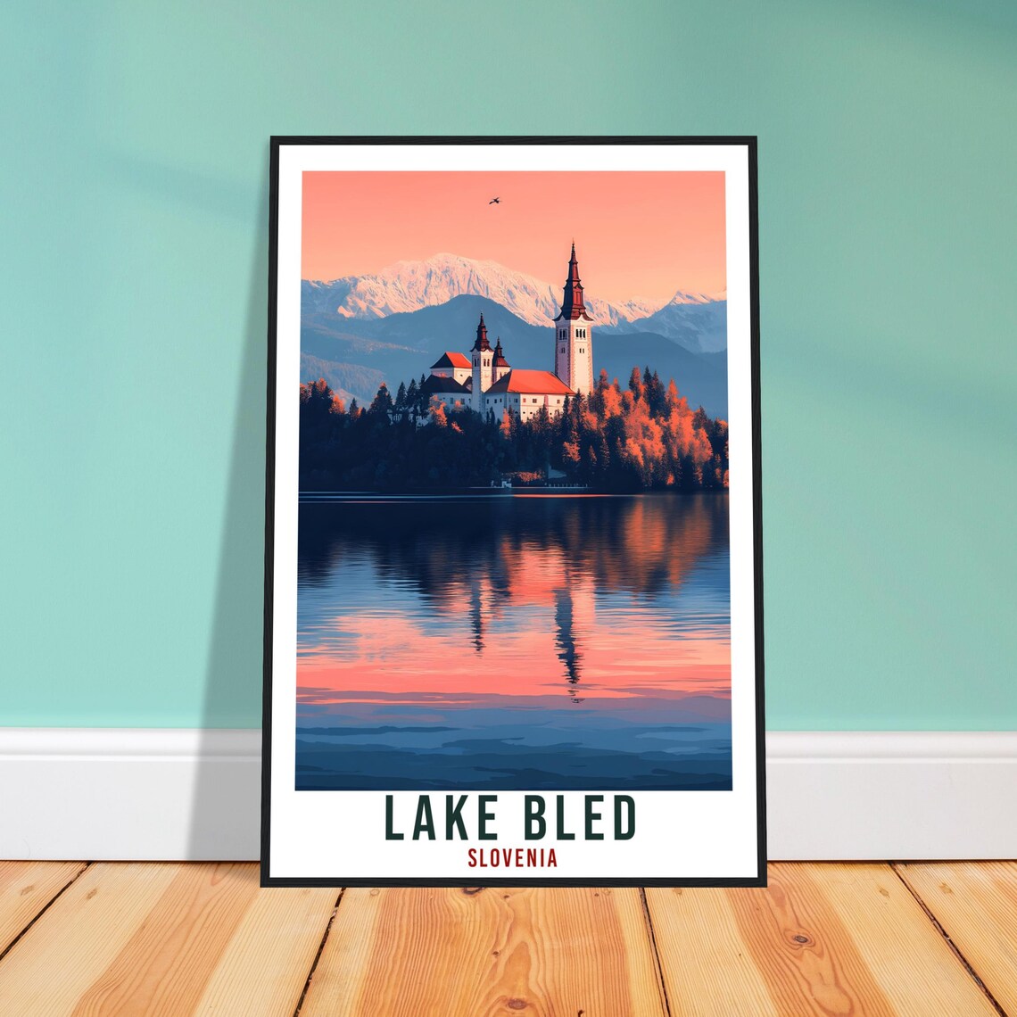 Lake Bled Slovenia Island Church Sunset Reflection Travel Poster