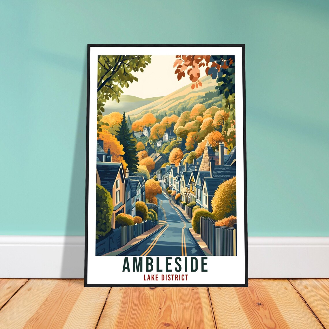 Ambleside Lake District Autumn Village Street Vintage Travel Poster