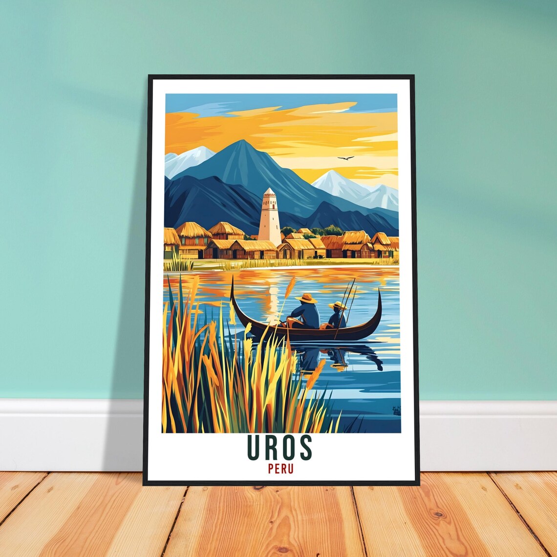 Uros Peru Reed Boat Lake Sunset Vintage Travel Illustration Poster