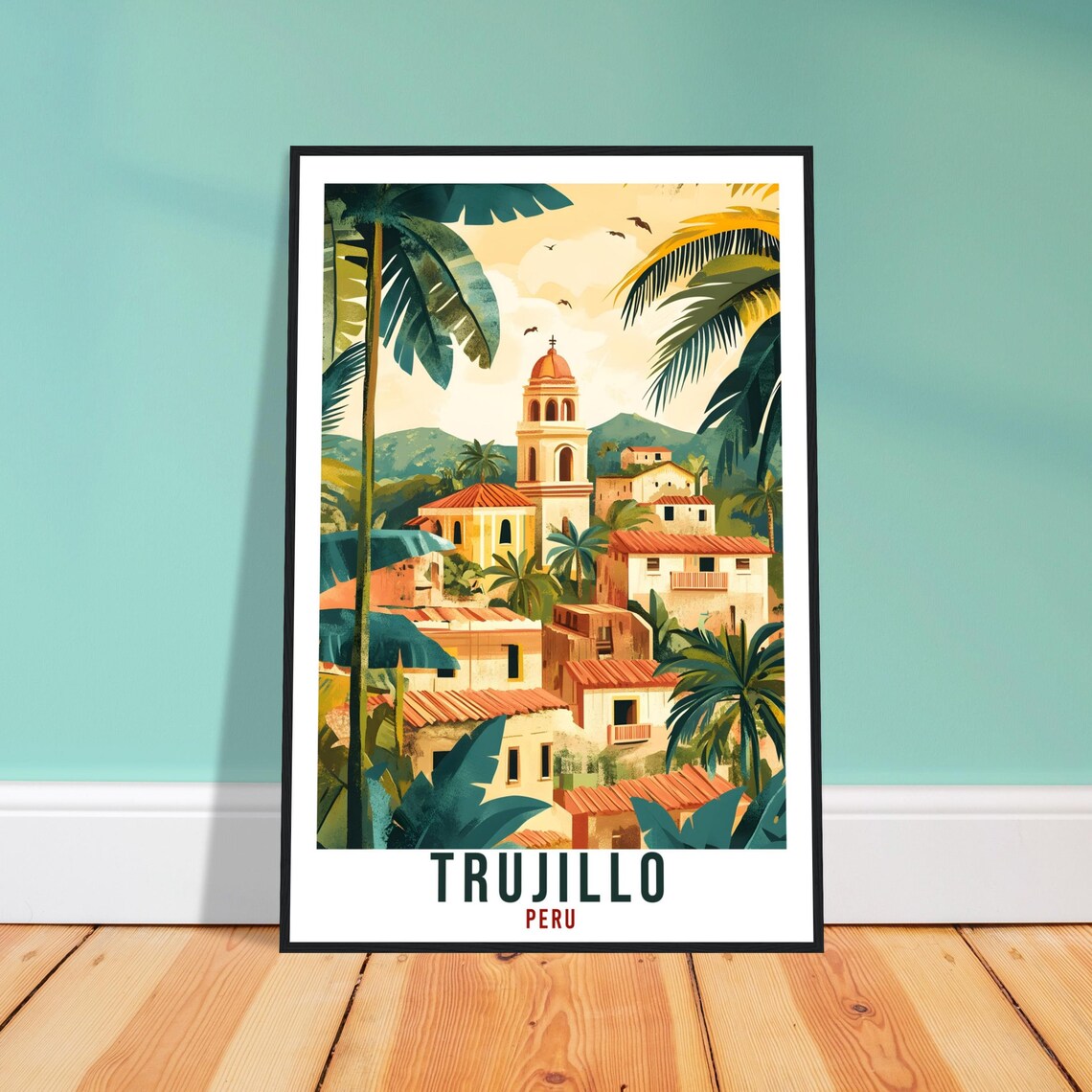 Trujillo Peru Colonial Town Palm Church Scene Illustration Poster