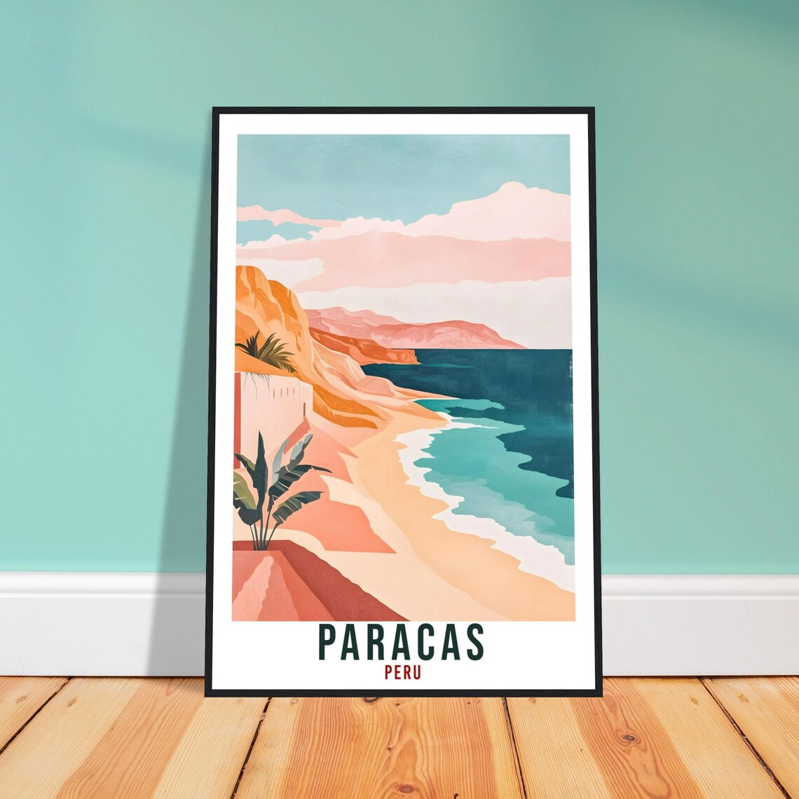 Paracas Peru Coastal Cliffs Beach Sunset Vintage Travel Art Poster