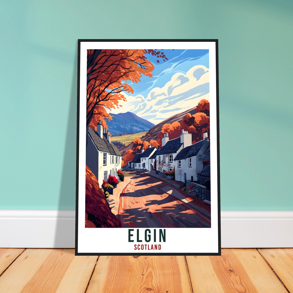 Elgin Scotland Vintage Autumn Village Retro Travel Sunny Poster