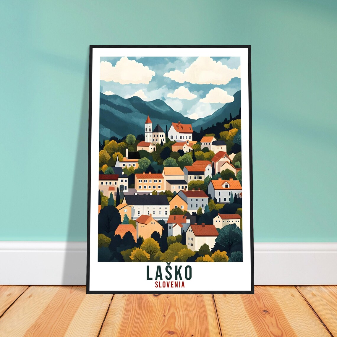 Lasko Slovenia Hillside Town Church Roofs Vintage Travel Poster