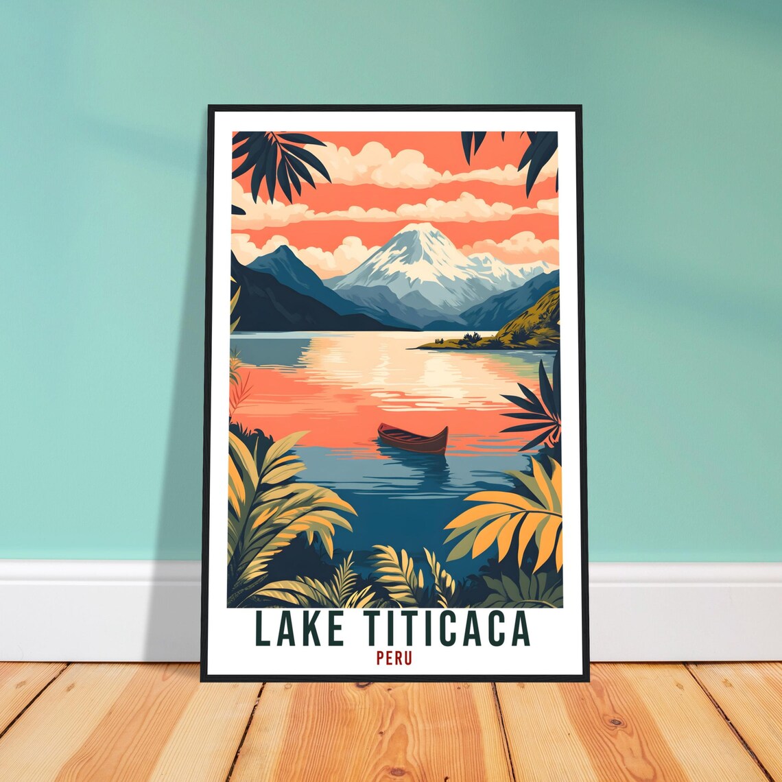 Lake Titicaca Peru Sunset Vintage Travel Illustration Poster