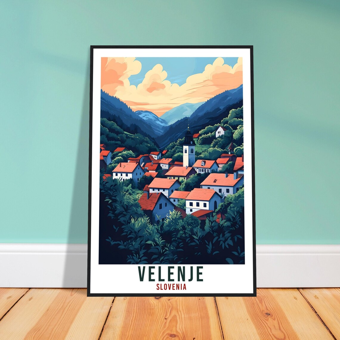 Velenje Slovenia Valley Village Red Roofs Vintage Travel Poster