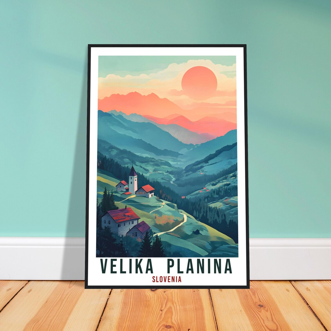 Velika Planina Slovenia Alpine Sunset Valley Vintage Travel Poster