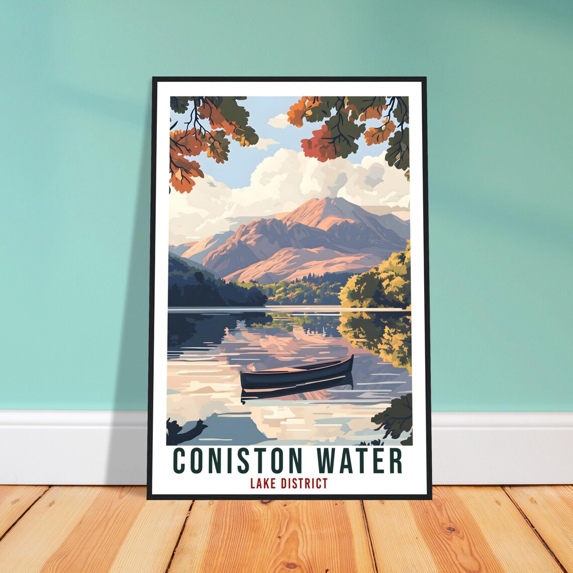 Coniston Water Lake District Mountain Lake Boat Vintage Travel Poster