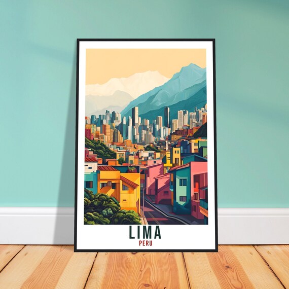 Lima Peru Colorful Hillside City Illustration Vintage Travel Poster Art
