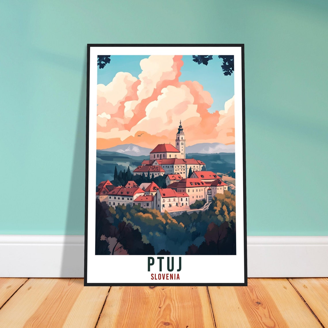 Ptuj Slovenia Castle Hill Town Poster Under Golden Sunset Clouds