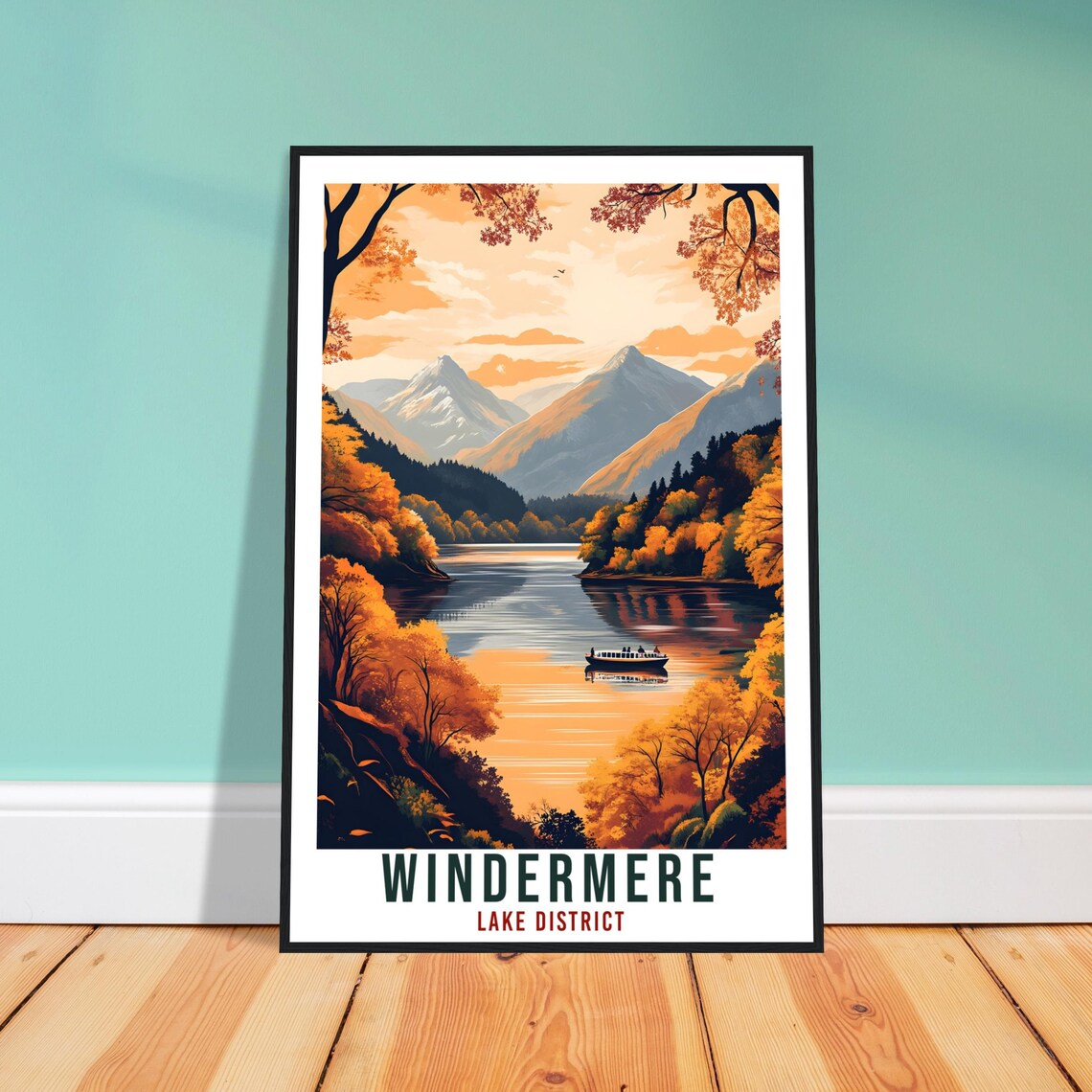 Windermere Lake District Autumn Sunset Lake Steamer Travel Poster