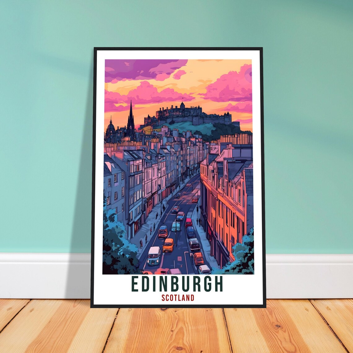 Edinburgh Scotland Vintage Castle Pink Sunset Travel Sunny Poster