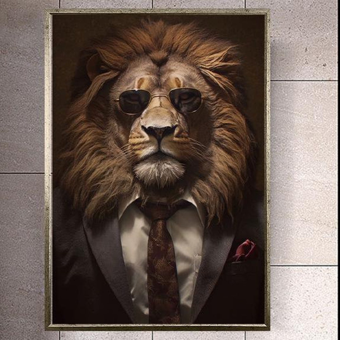 Funny Lion Boss In Suit And Sunglasses Humorous Animal Wall Poster