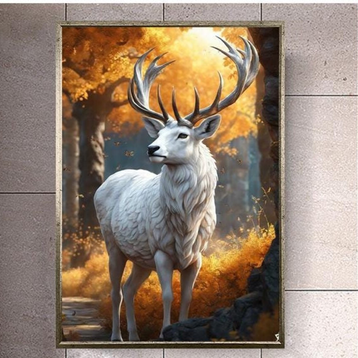 White Stag With Grand Antlers In A Golden Autumn Forest Art Poster