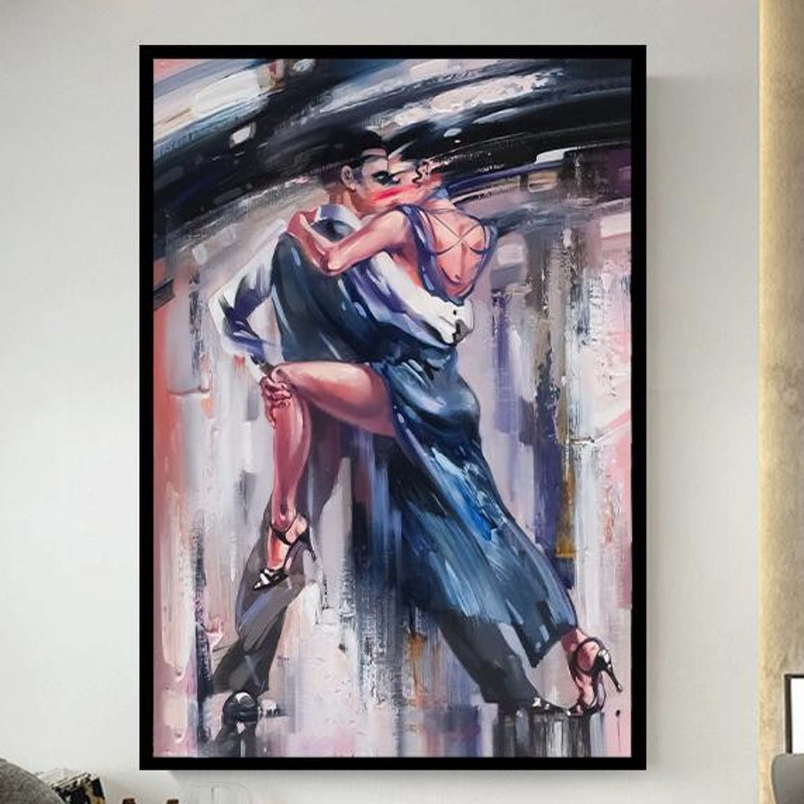Passionate Tango Dancers Dramatic Lift Blue Dress Dance Poster