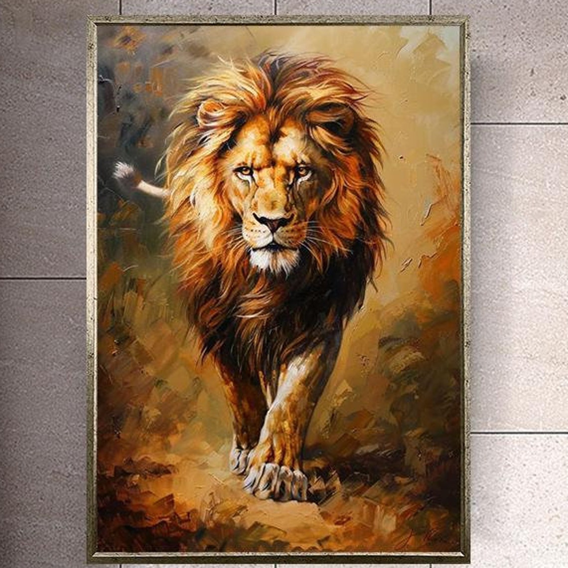 Realistic Lion Walking Forward Warm Oil Painting Wildlife Poster