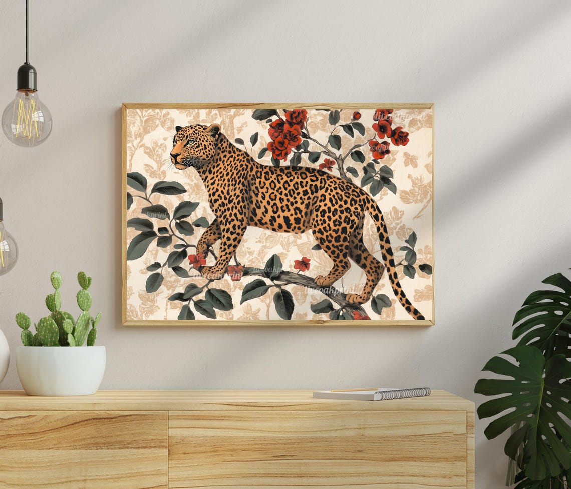 Leopard Walking On Flowering Branch With Red Blossoms Boho Poster