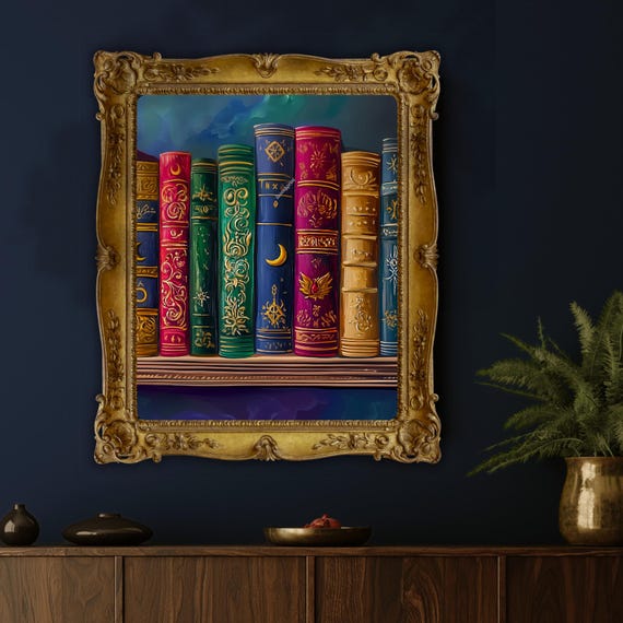 Magical Bookshelf Vertical Print Jewel Tones Decor Dark Academia Decor Celestial Bookshelf Art Mystical Reading Room Wall Art