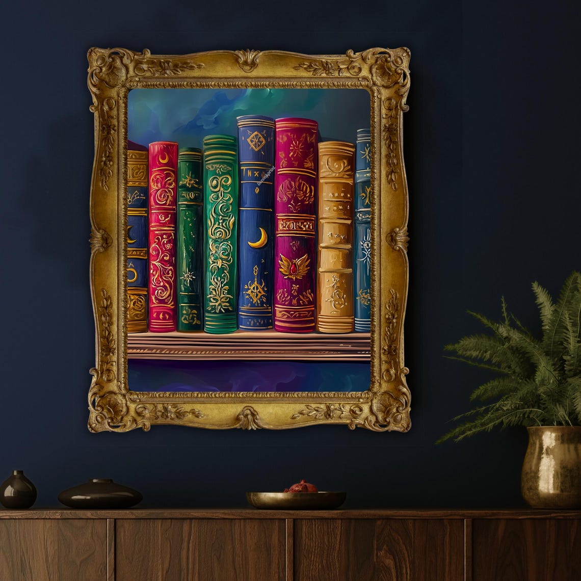Magical Jewel-Tone Bookshelf with Ornate Spines Dark Academia Print