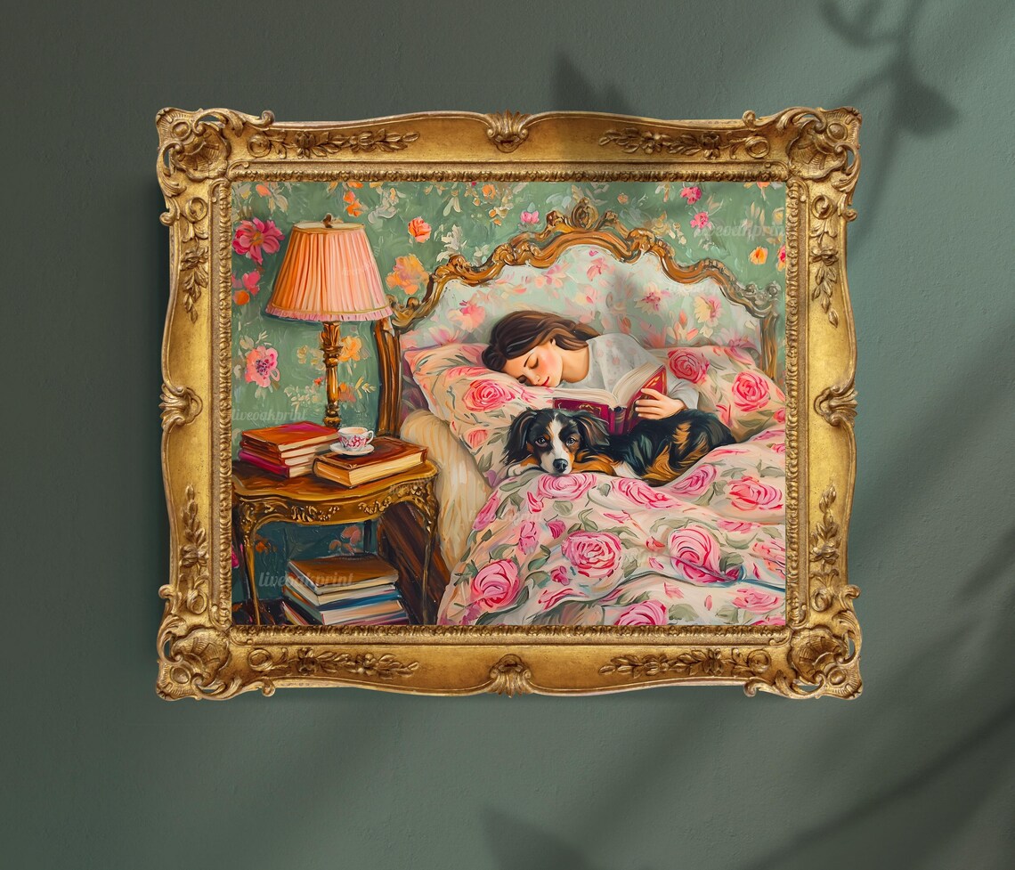 Cozy Reading In Bed With Dog Floral Bedding Vintage Bedroom Poster