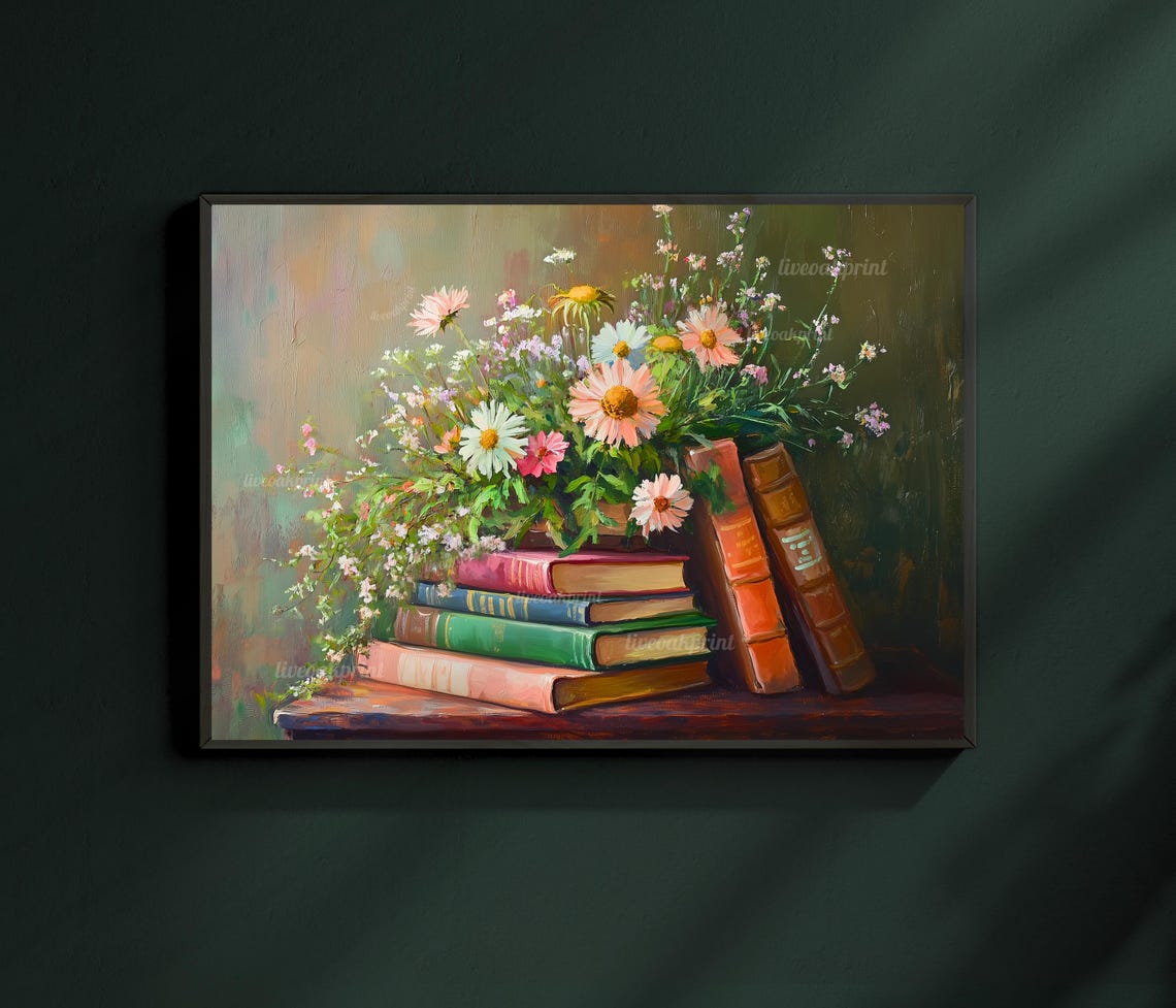 Moody Green Stack Of Books With Wildflowers Vintage Botanical Library Art Dark Academia Wall Decor Whimsical Floral Book Print - Image 2