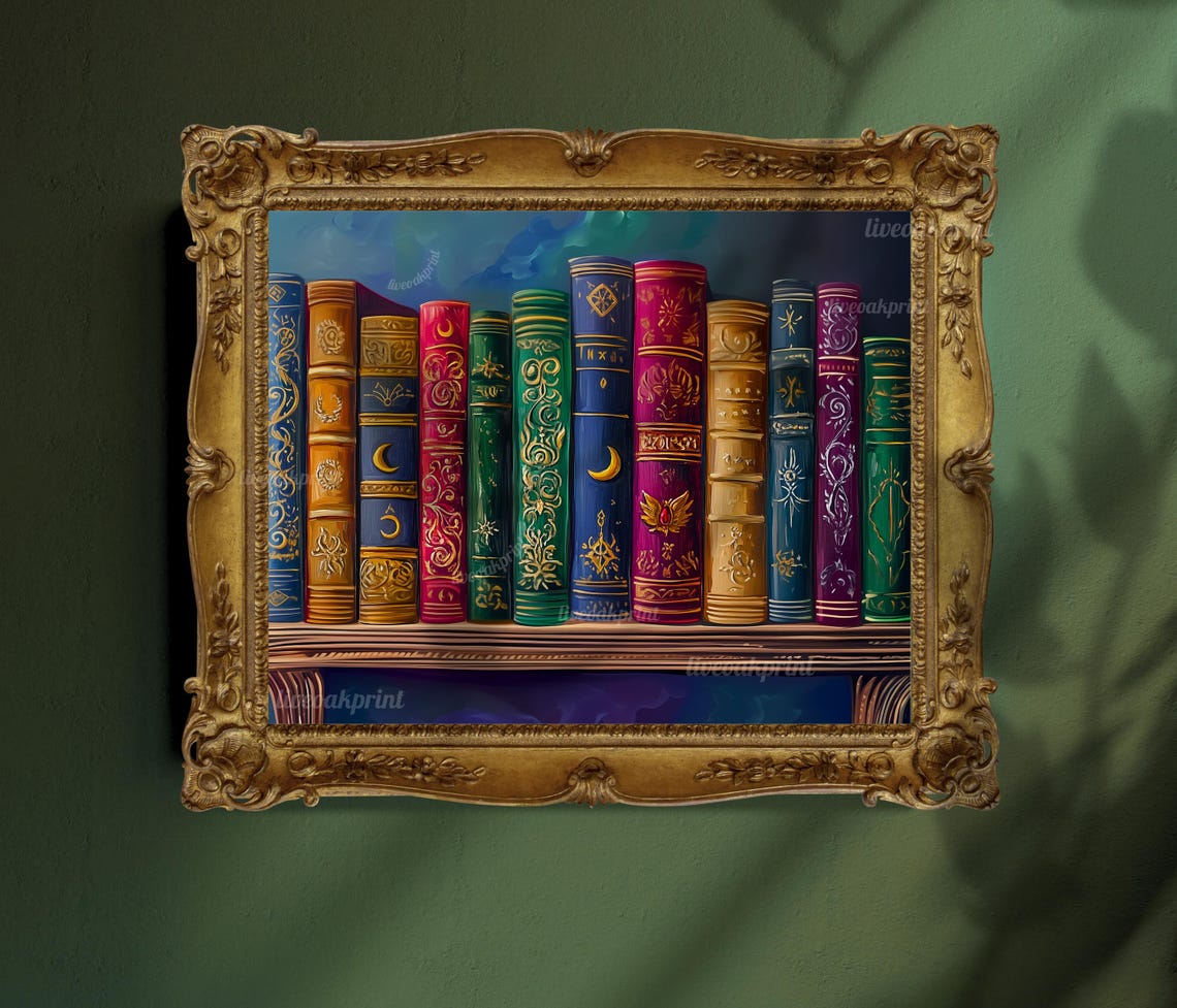 Moody Magical Bookshelf Magic Shelf Of Books Dark Academia Print Fantasy Library Print - Image 2