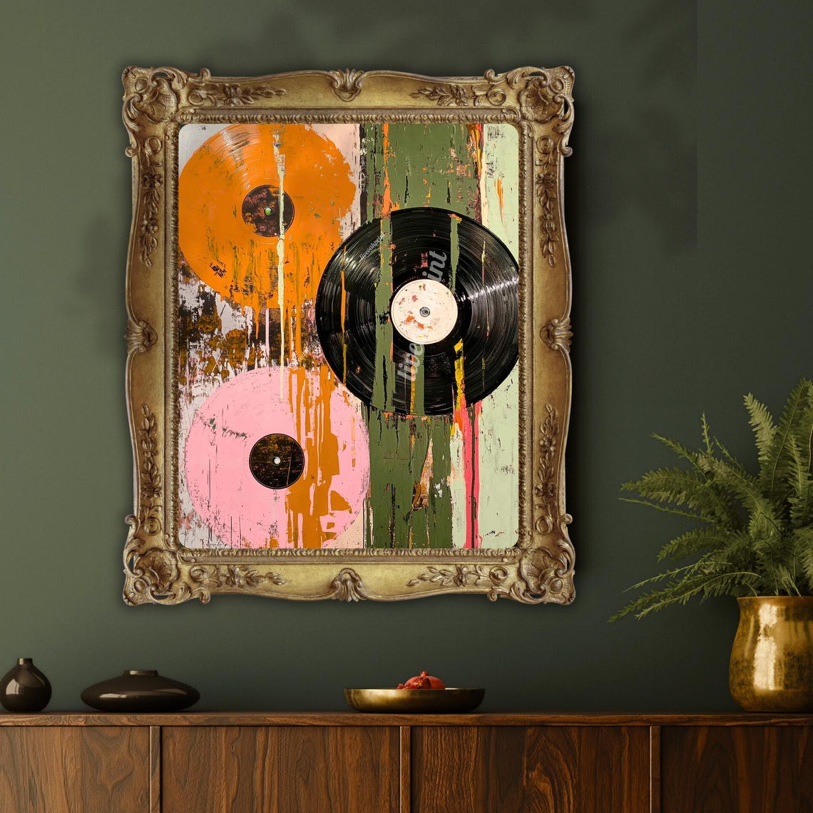 Orange Pink And Black Vinyl Records Painting With Paint Drips Poster - Image 3